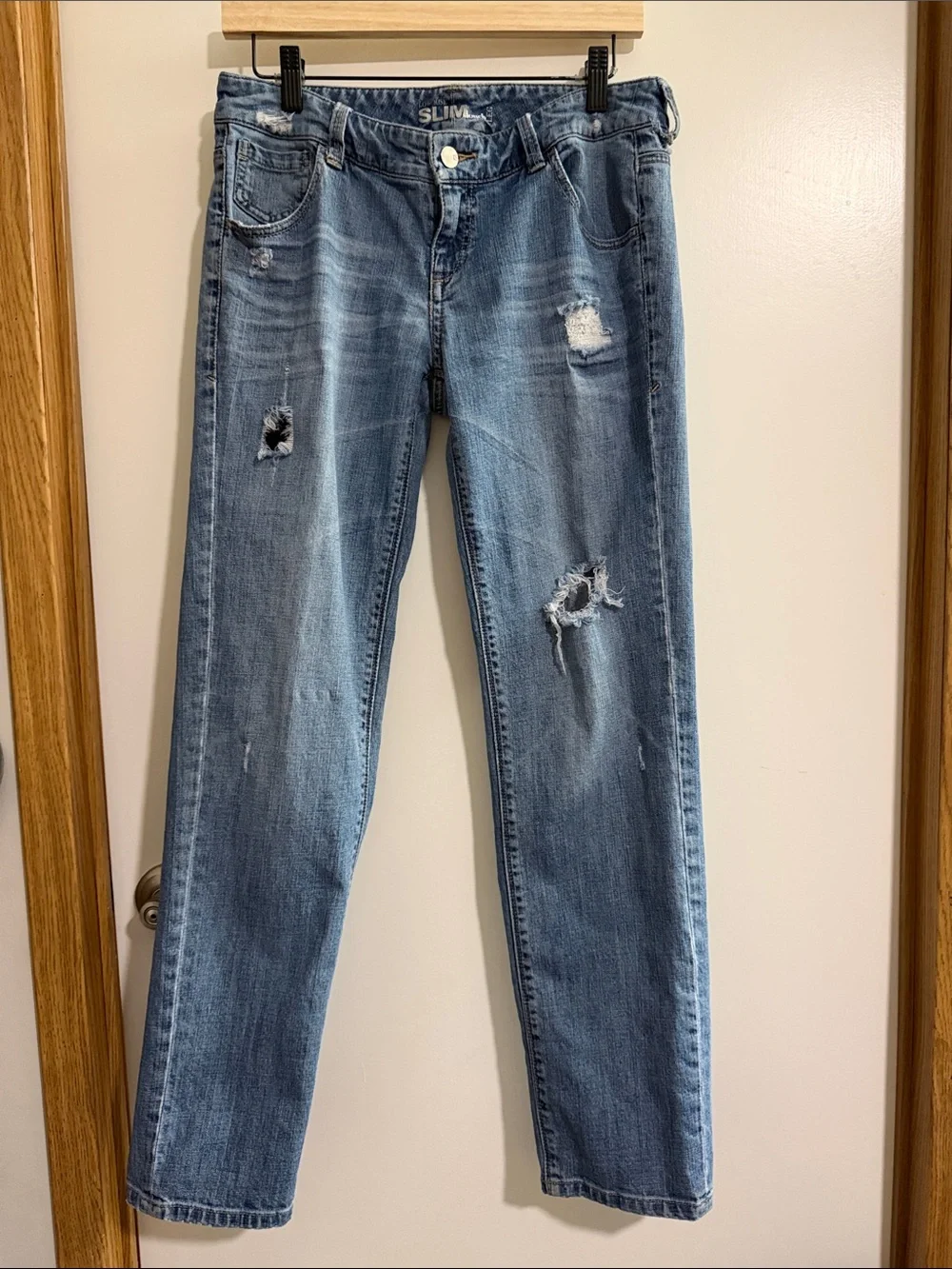 New York & Company Blue Distressed Straight-Leg Jeans